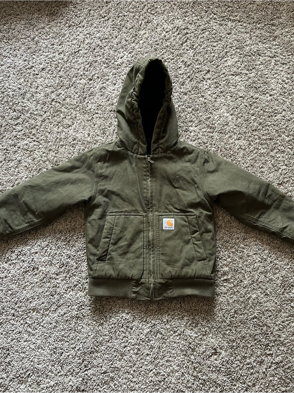 Boys Carhartt Olive Green Hooded Work Coat Lined Quilted size XXS (4-5)